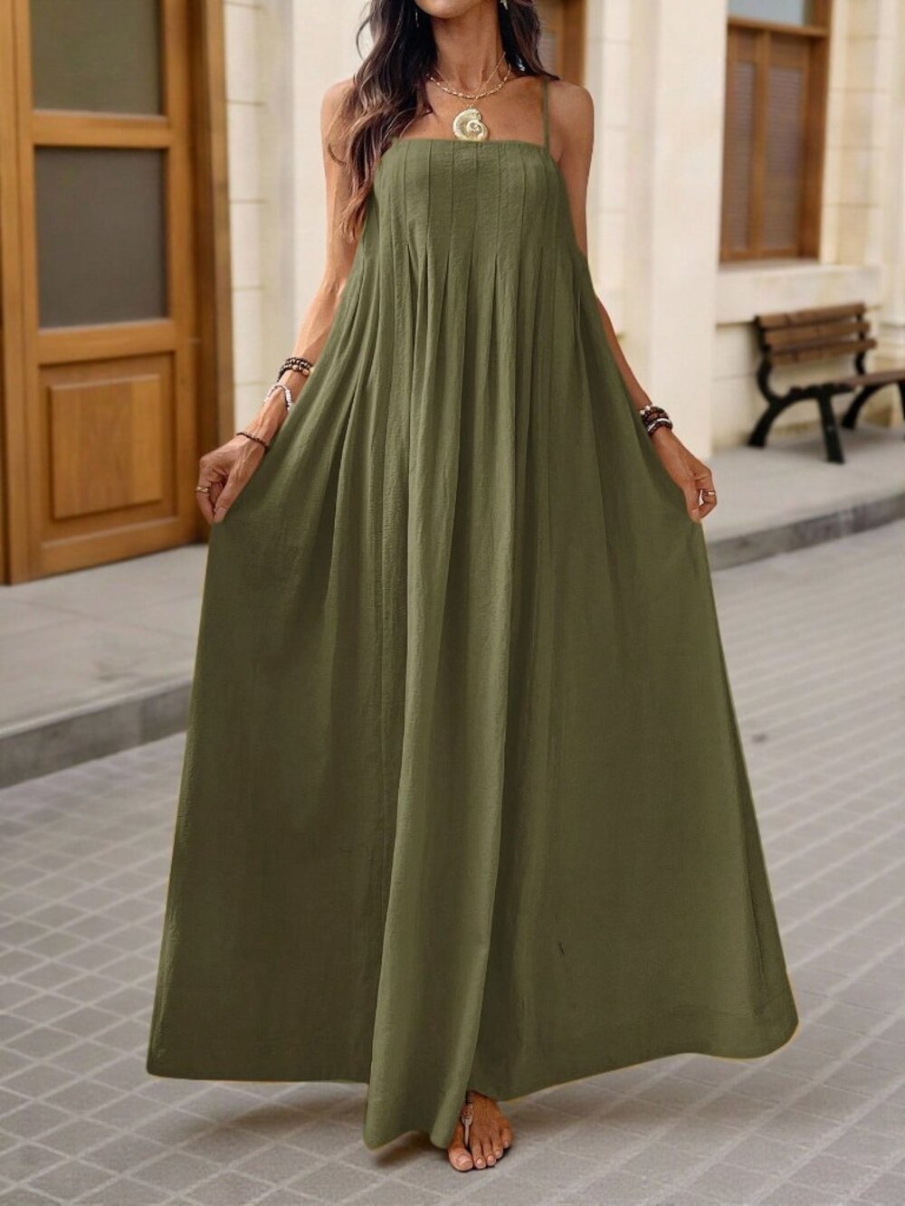 Green Casual Women's square neckline Loose maxi Dress - Picture 6 of 7